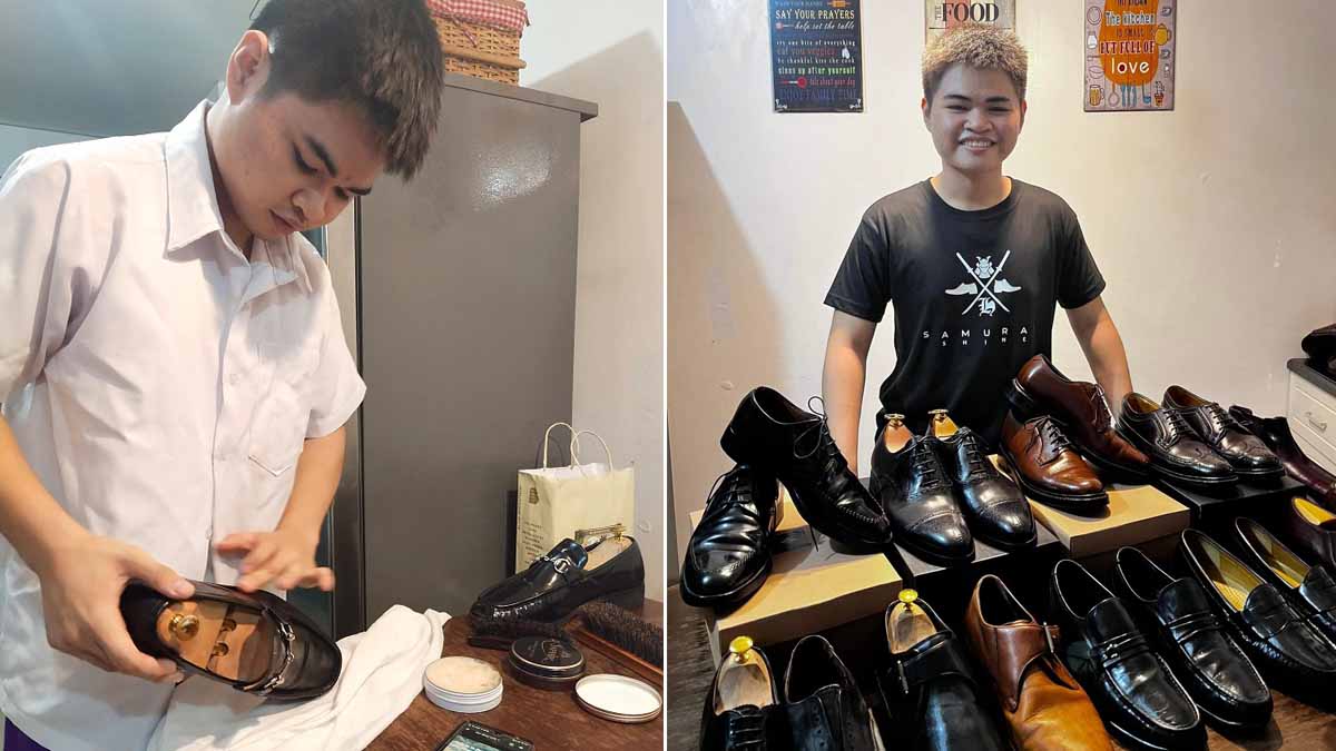 Allen Hale Jaguimit restoring an old leather shoes, and a photo of him with some of his restoration works.