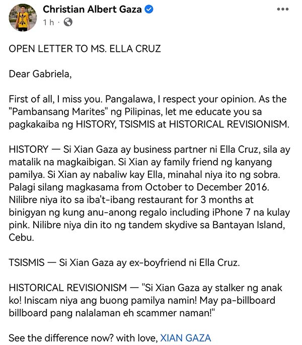 After Receiving Backlash For Labeling History Tsismis Xian Gaza Writes An Open Letter To Ella 2121