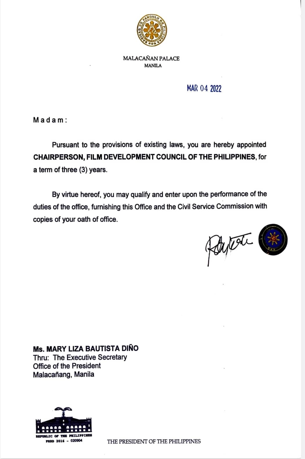 liza dino letter of re-appointment