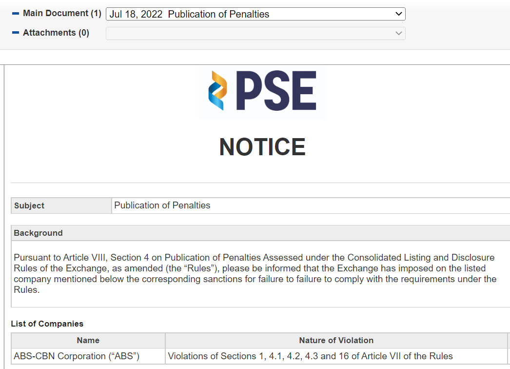 PSE imposes multiple sanctions against ABS-CBN Corporation