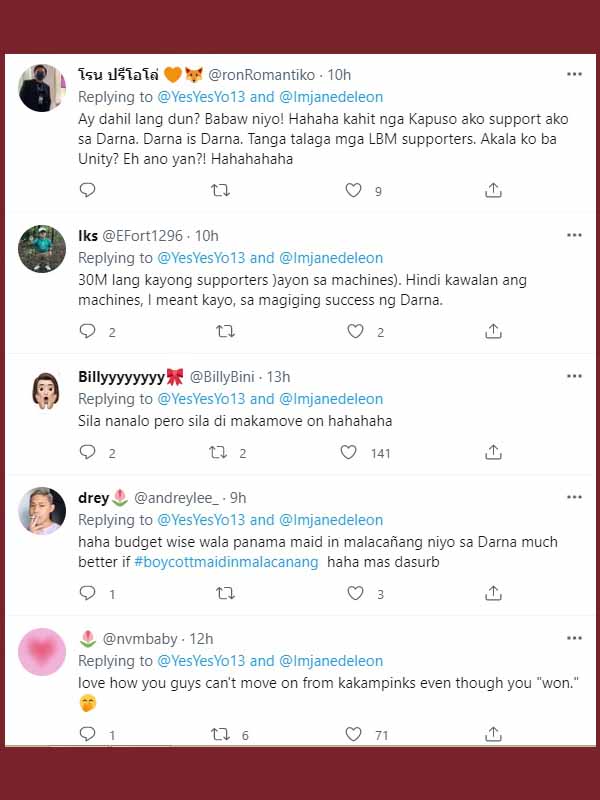 Screenshot of the replies to the tweet to boycott Darna