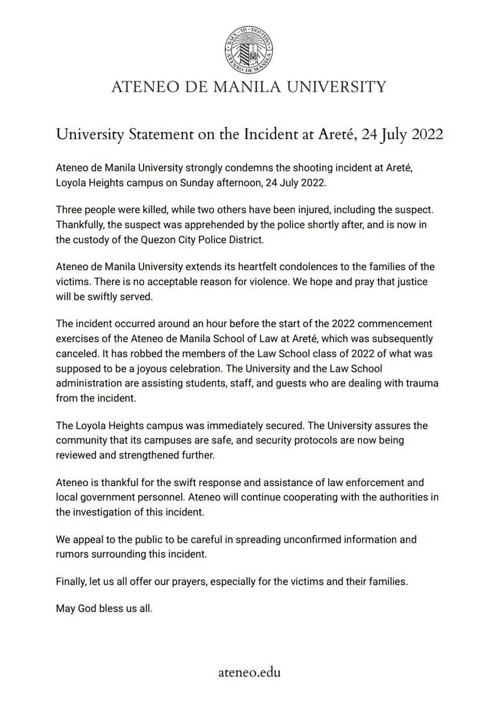 Ateneo de Manila University releases official statement regarding the incident that occurred at Areté in the morning of July 24, 2022