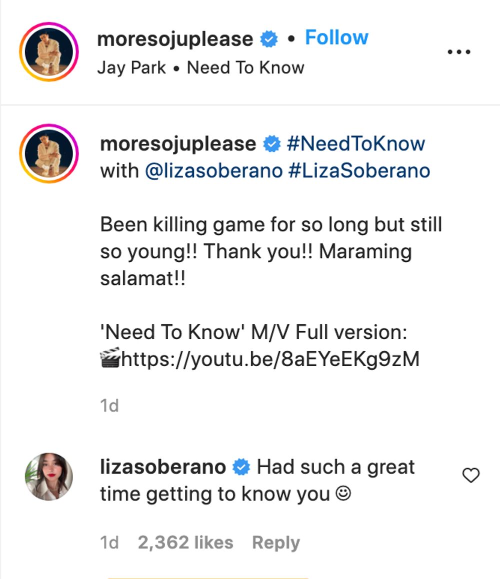 Liza Soberano comments on Jay Park's dance video with her on Instagram
