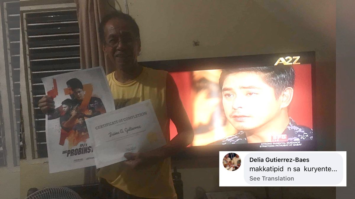 Jan Gutierrez awards a certificate to his father who is an avid fan of the ABS-CBN teleserye Ang Probinsyano