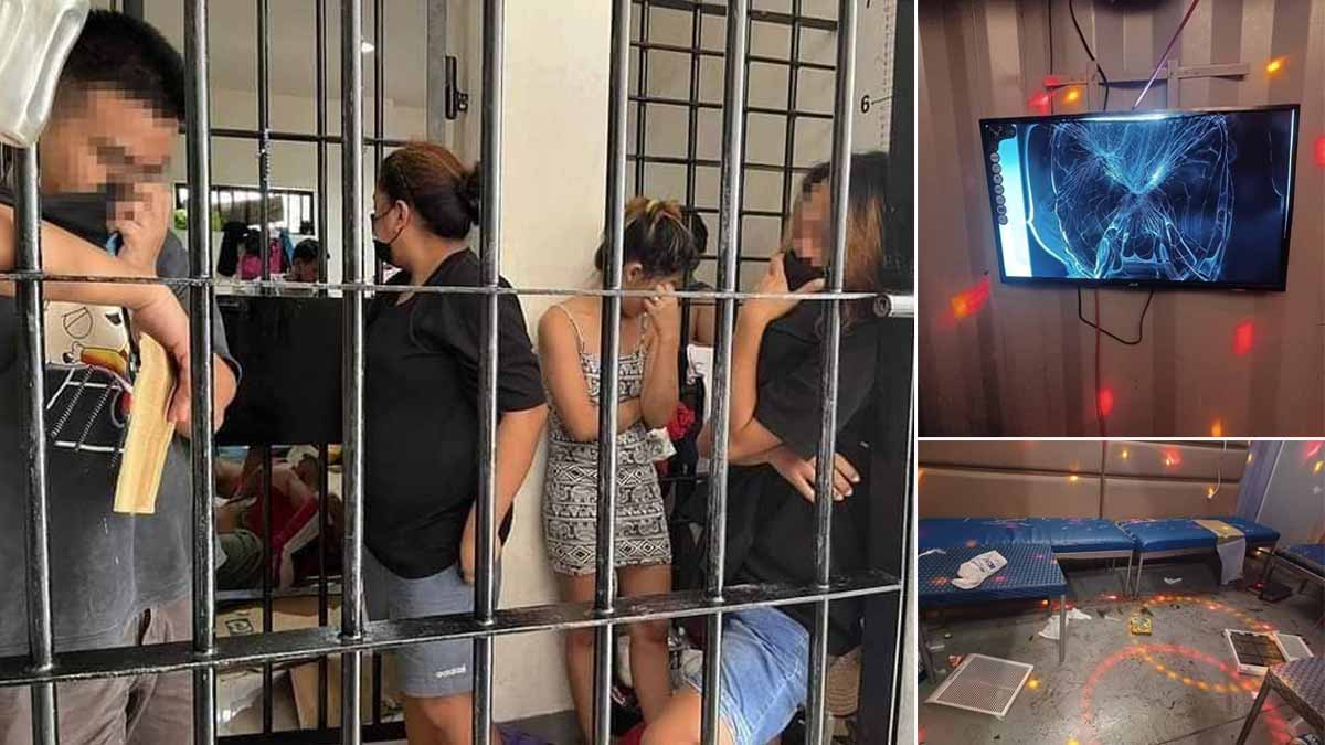 Ederliza Pelamin and her friends inside the jail, and the broken stuff inside the videoke booth