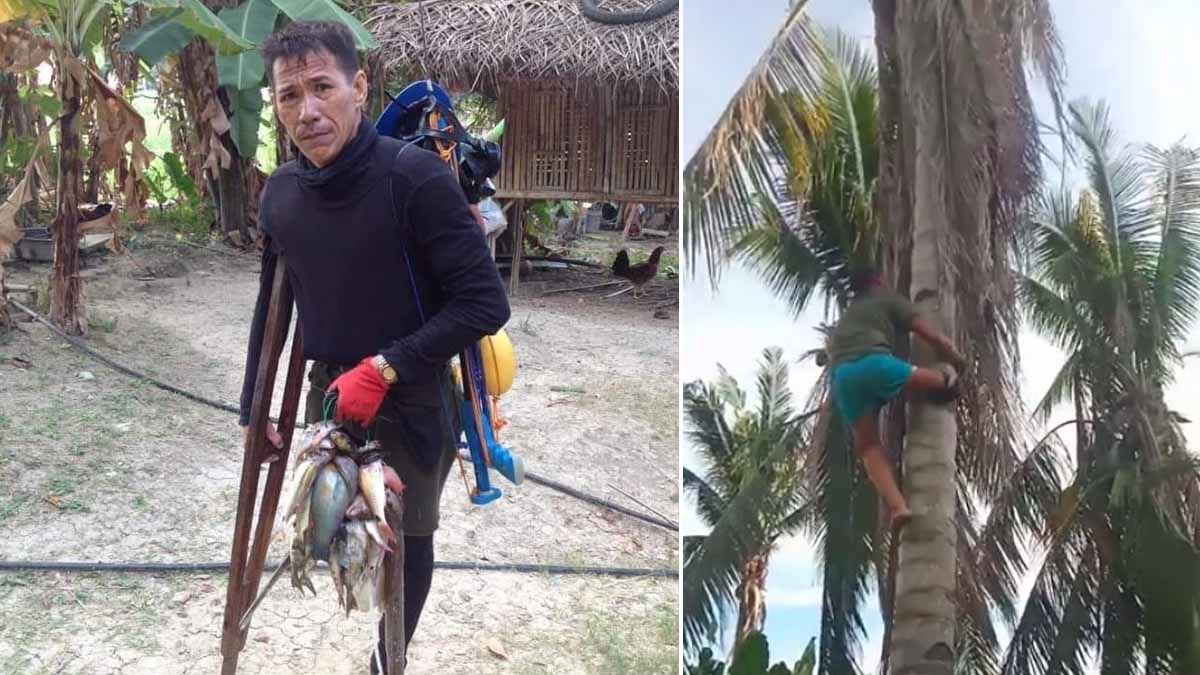 Renato Tatoy Malones holding his catch, and while climbing a coconut tree