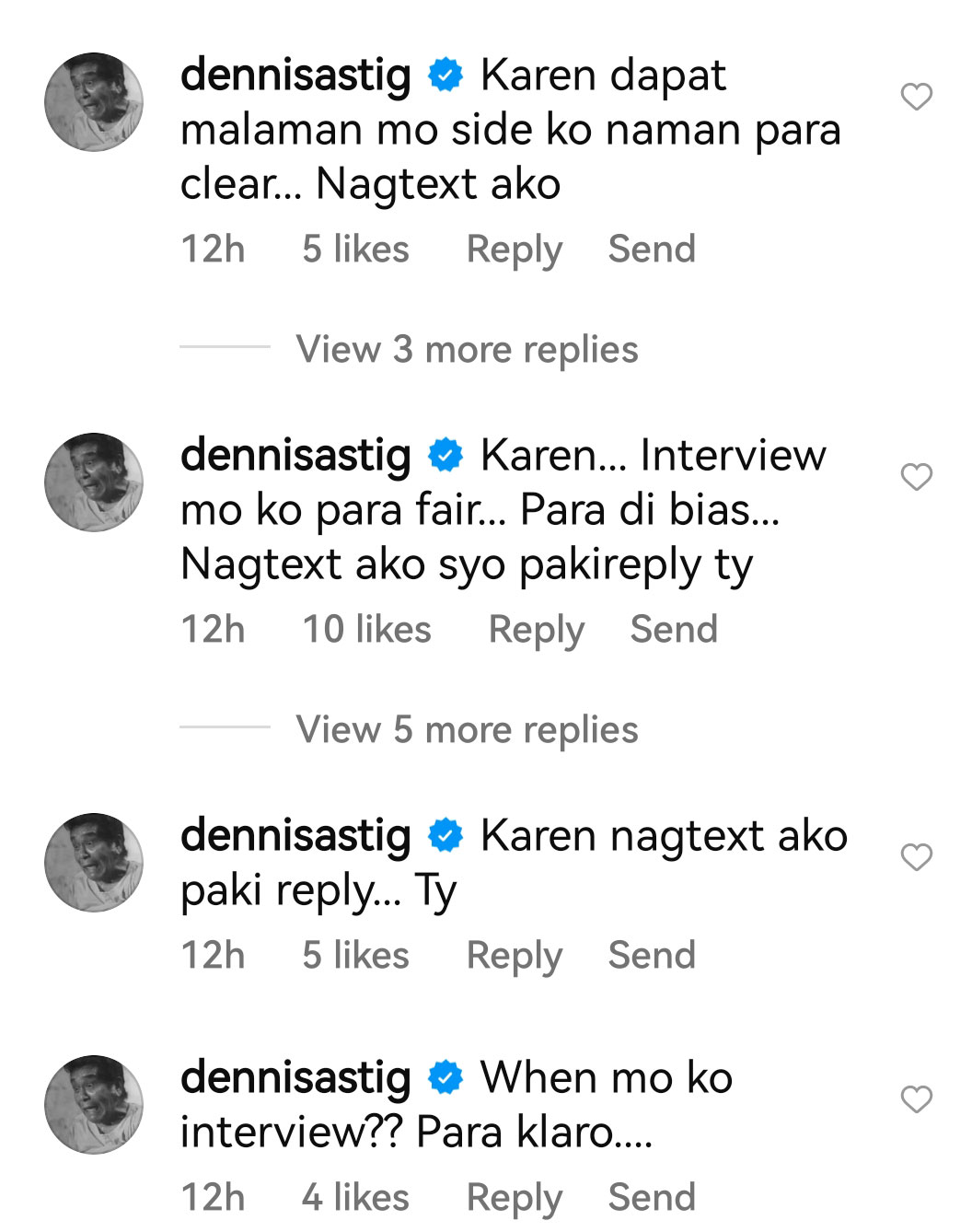 Dennis Padilla comments on Karen Davila IG post