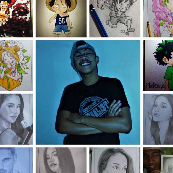 Photo of Renz Calalo and some of his artworks