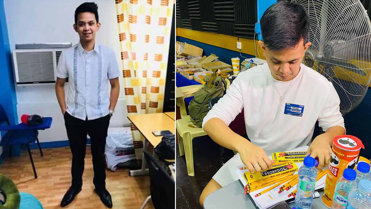 Prince Del Rosario in formal attire, and while sharpening pencils