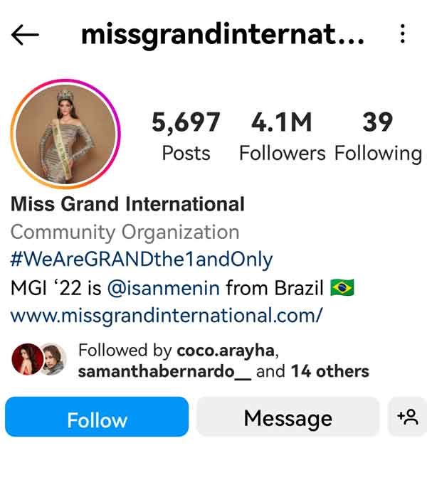 Miss Grand International Instagram unfollowing
