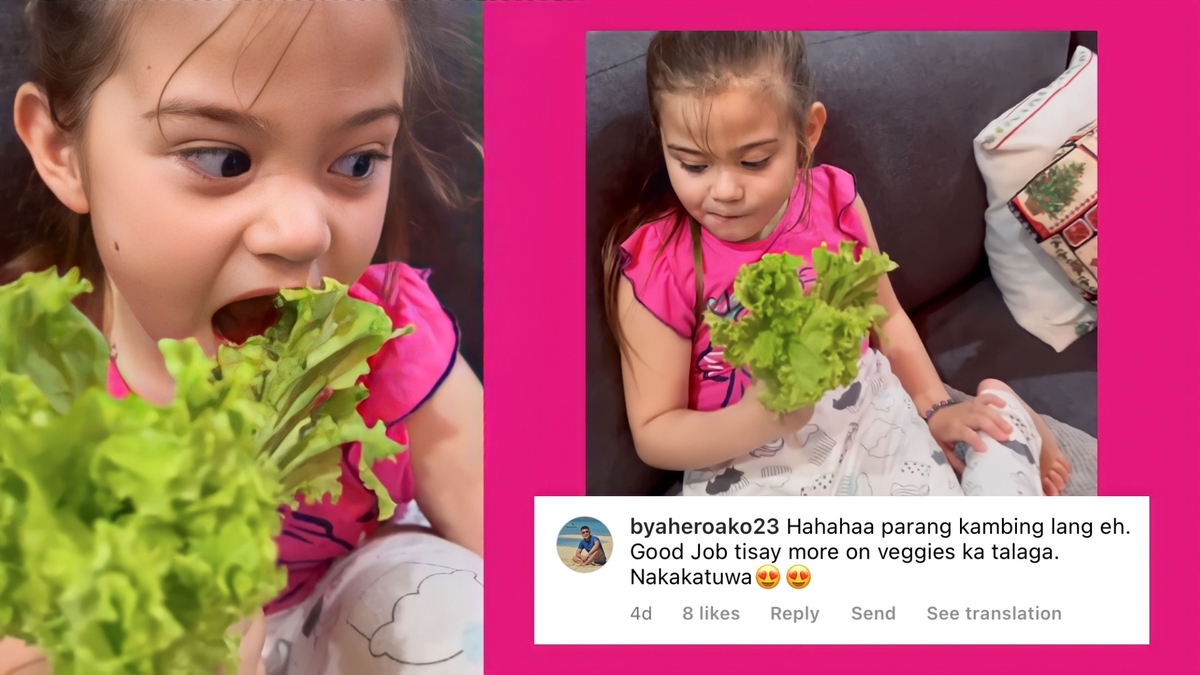 Malia O'Brian enjoys her lettuce while watching a video on TV.