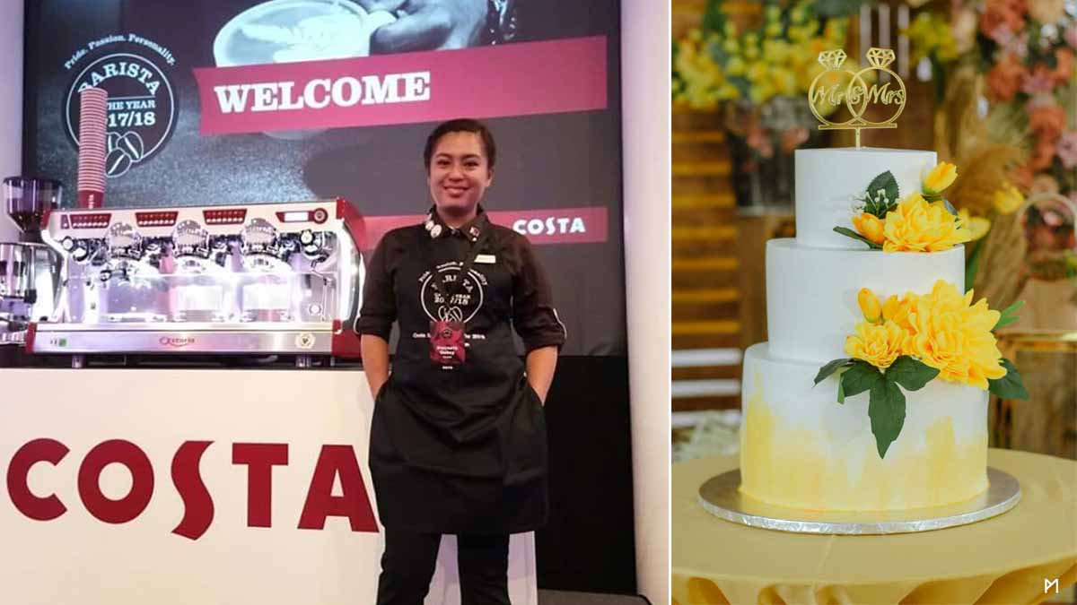 Gwyneth Gabay in front of a coffee kiosk, and one of her customized cakes