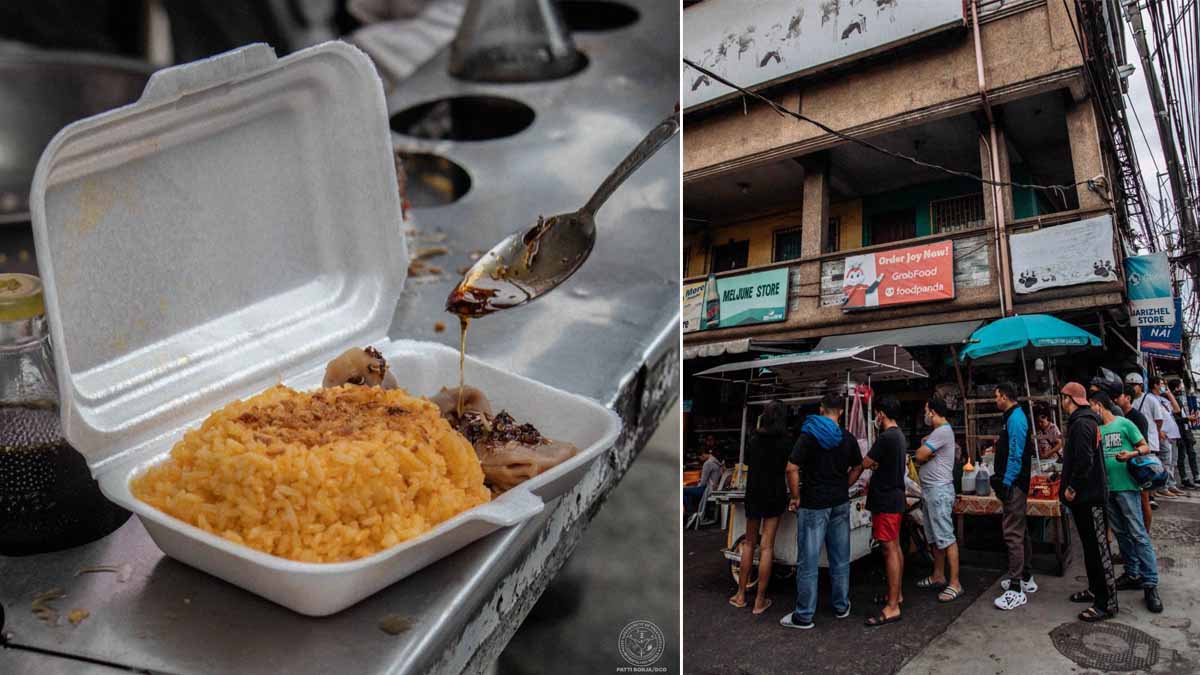 Split image of siomai and java rice combo, and the long line