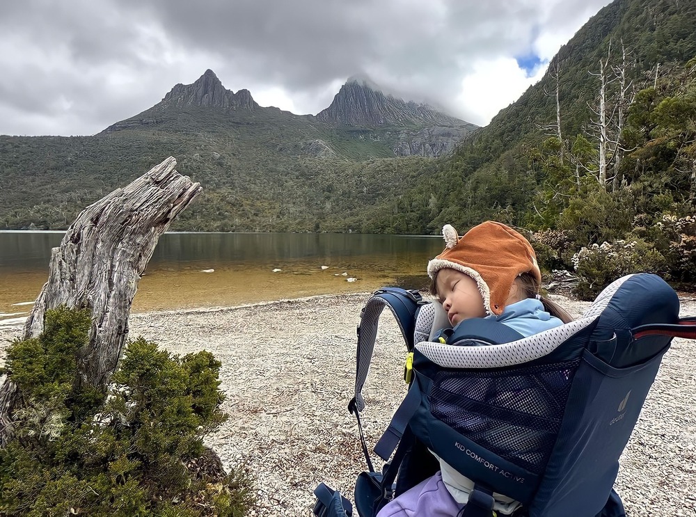 Dahlia Heussaff sleeping in Dove Lake, Cradle Mountain Park, Tasmania