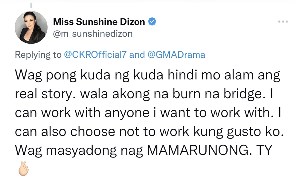 Sunshine Dizon reacts to negative tweet about her Kapuso comeback