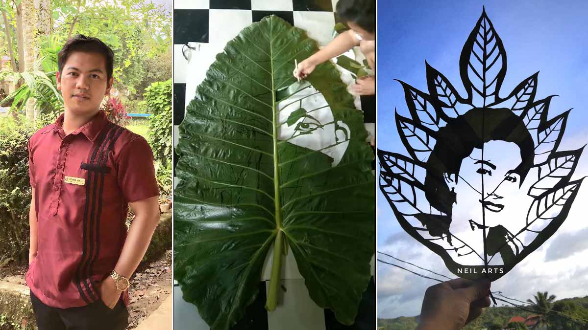 Joneil Severino and samples of his giant leaf artworks 
