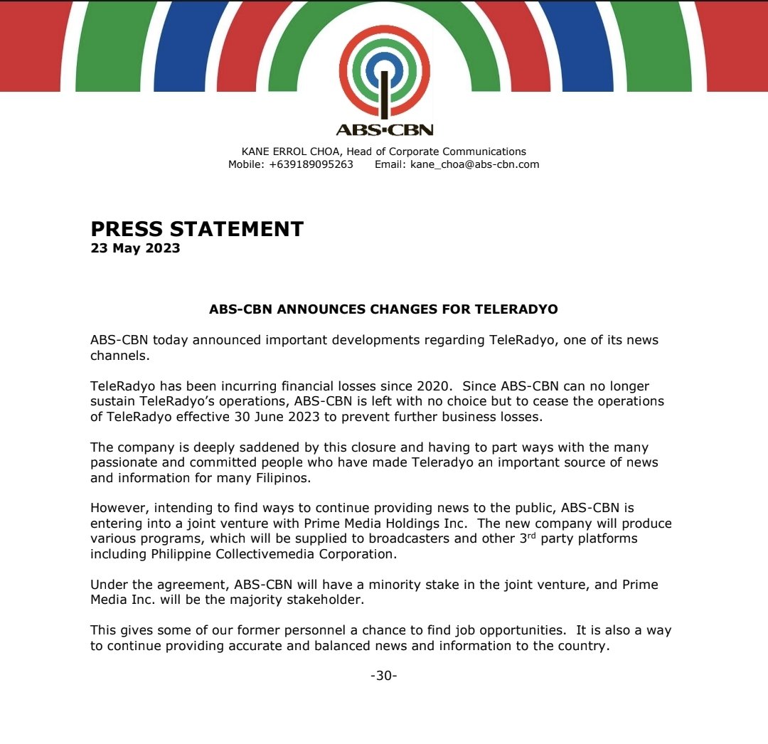 ABS-CBN statement on TeleRadyo