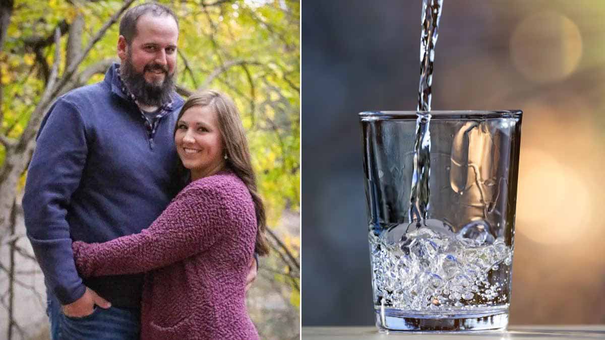 Photo of Ashley Summers and her husband, and a glass of water