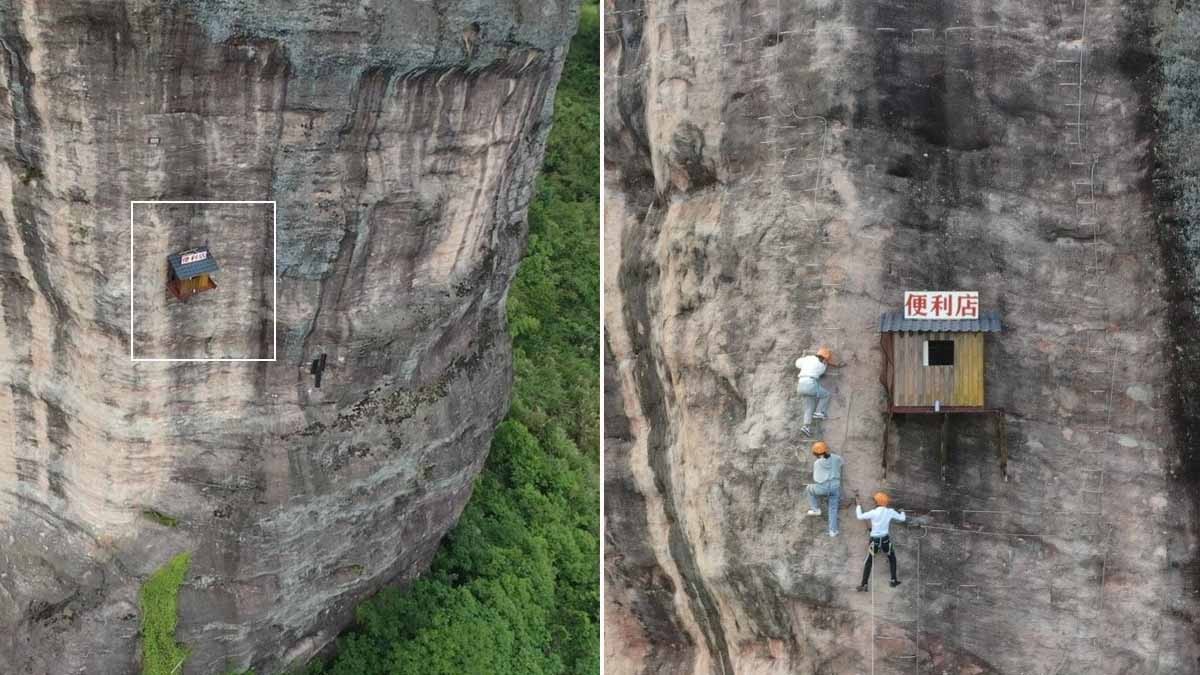 Photos of tiny store hanging on a rock wall