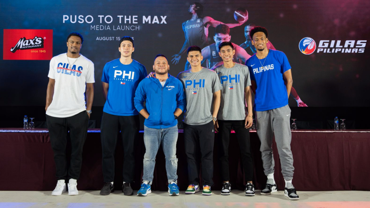 GILAS Pilipinas has renewed its nearly decade-old partnership with Filipino food brand Max's Restaurant ahead of the 2023 Fiba Basketball World Cup. | IN PHOTO (L-R): Justin Brownlee, Dwight Ramos, OPM artist Quest, Kiefer Ravena, Rhenz Abando, and AJ Edu