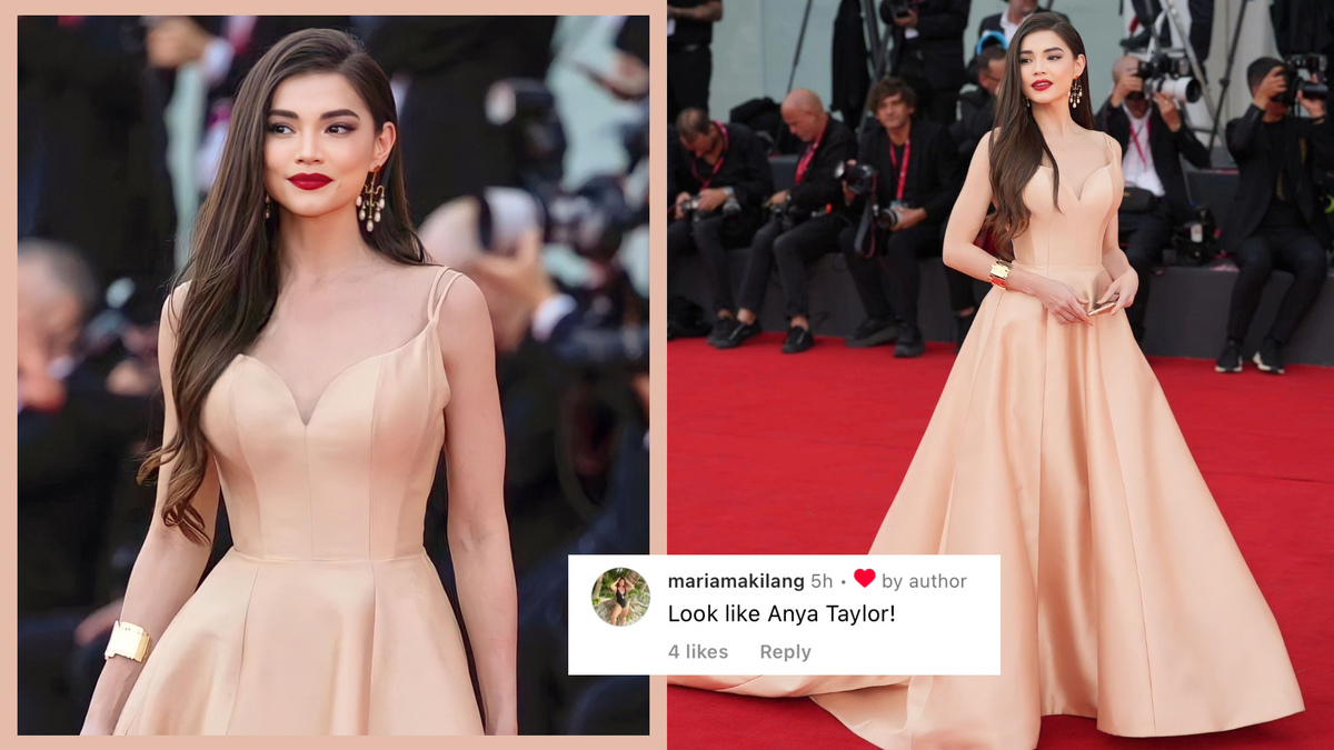 Rhian Ramos exudes royalty in a Mark Bumgarner gown for her red carpet look at the 80th Venice Film Festival held in Venice Lido, Italy.