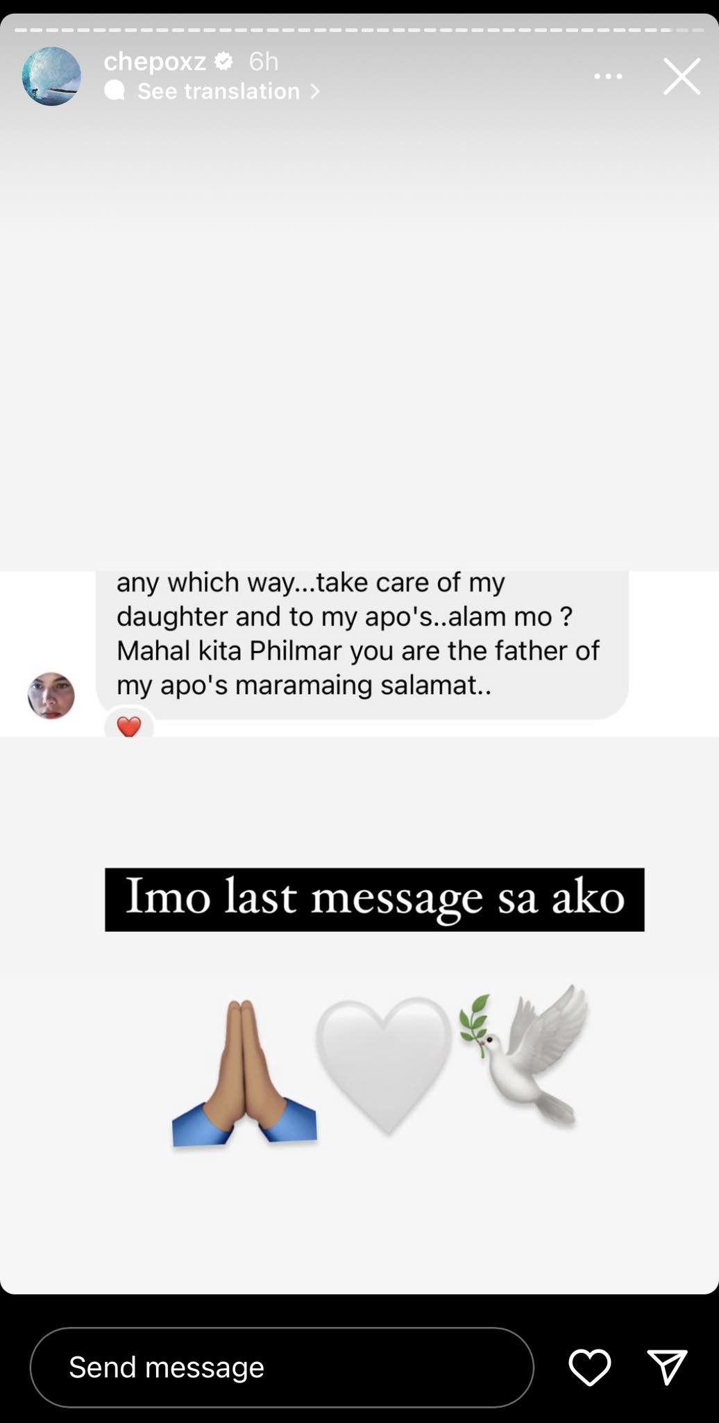 Philmar Alipayo shows last message from Jaclyn Jose