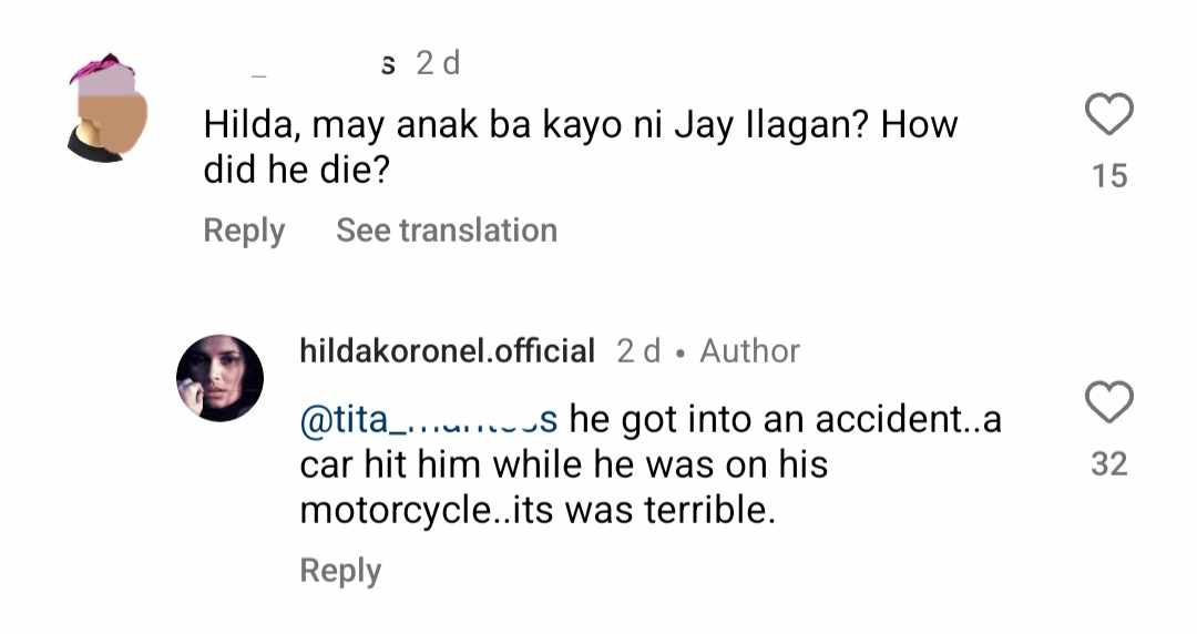 Hilda Koronel answers netizen about Jay Ilagan's death