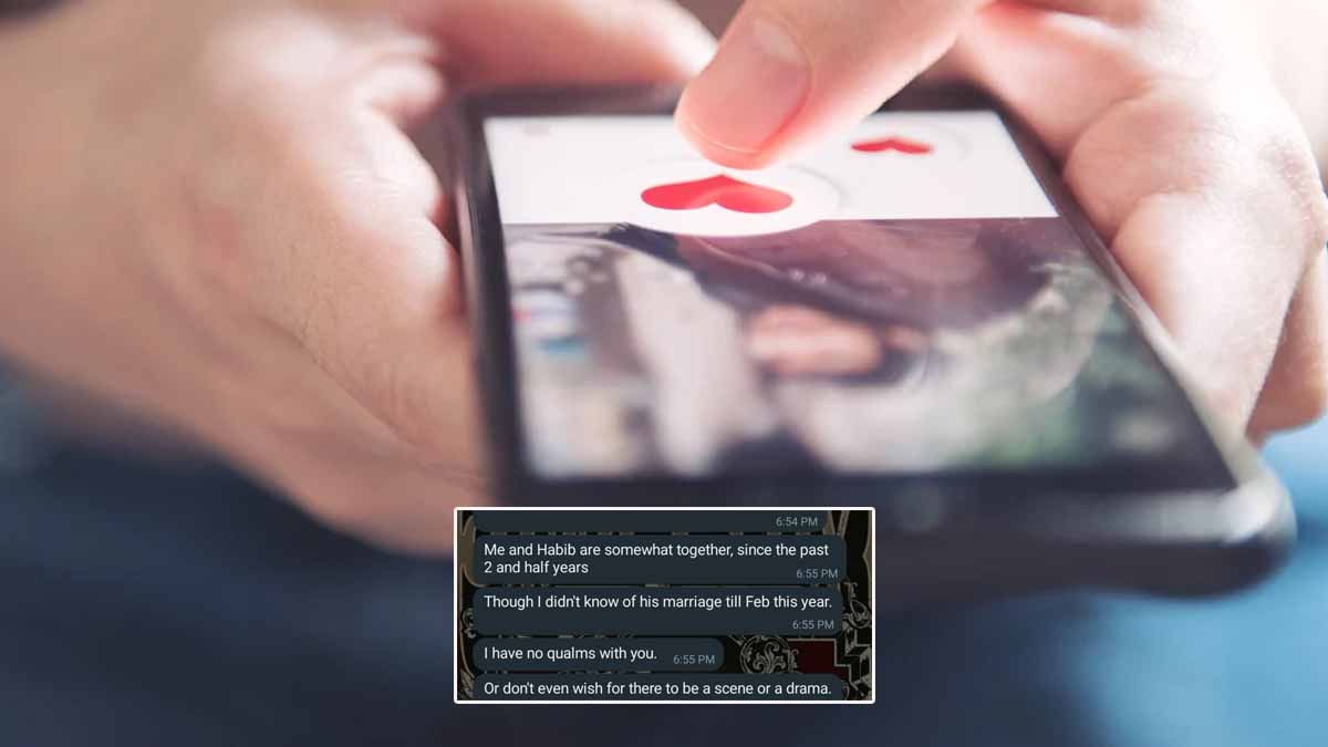 Photo of hand holding a smartphone, and a screenshot of the convo