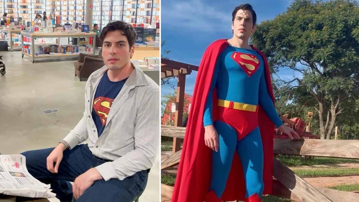 Photo of Leonardo Muylaert as Clark Kent, and wearing a Superman costume