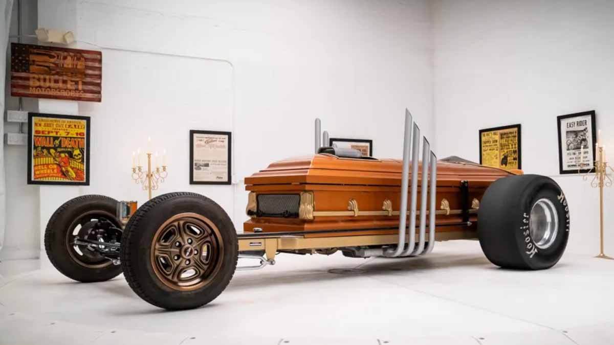 Full shot of the coffin car showing its coffin body and accessories